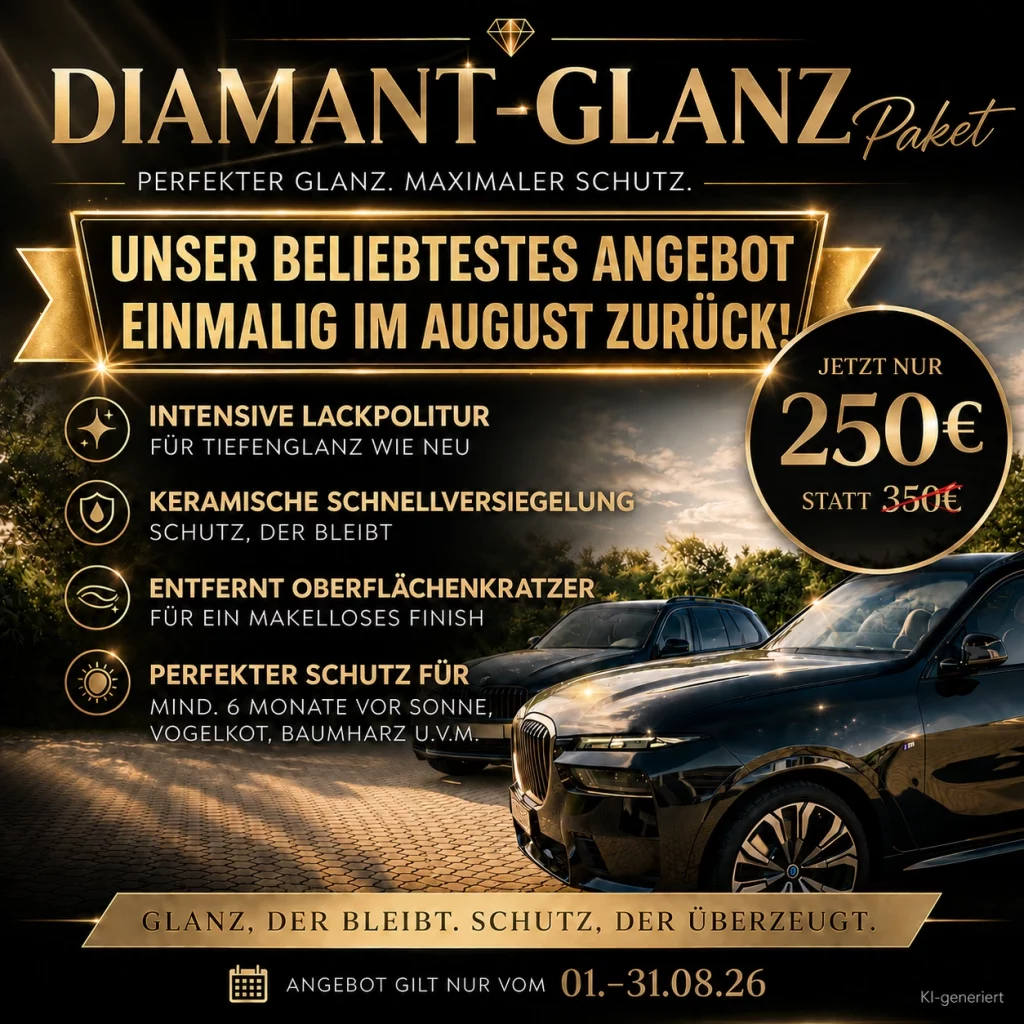 Werbegrafik für das „Diamant-Glanz-Paket“ einer Fahrzeugaufbereitung. Das August-Angebot umfasst eine intensive Lackpolitur, eine keramische Schnellversiegelung, die Entfernung von Oberflächenkratzern sowie mindestens sechs Monate Lackschutz vor Sonne, Vogelkot und Baumharz. Der Aktionspreis beträgt 250 Euro statt 350 Euro und gilt vom 1. bis 31. August 2026. Im Hintergrund stehen zwei glänzend schwarze Premiumfahrzeuge in einer edlen schwarz-goldenen Gestaltung.
