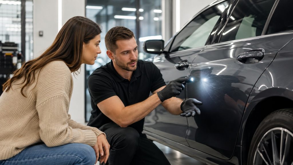 Fachmann erklärt einer Kundin Lackdefekte und mögliche Aufbereitungsarbeiten an einer grauen Limousine.
