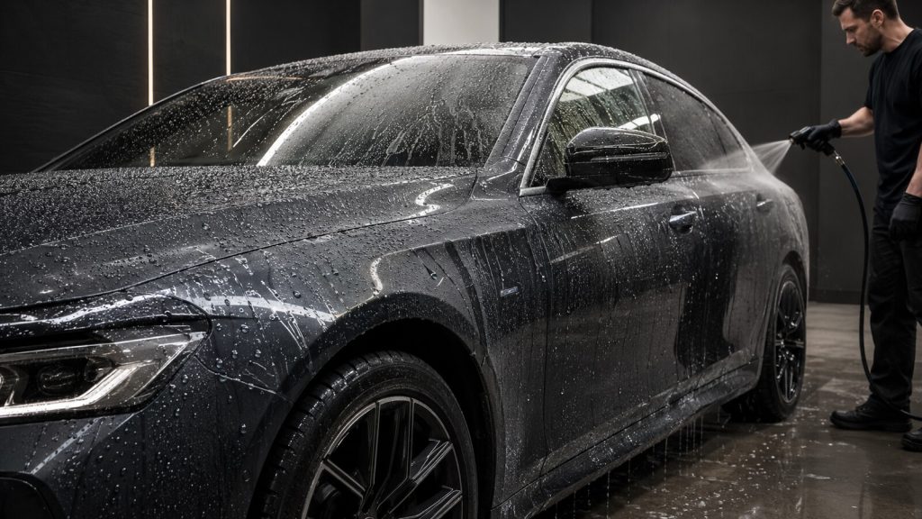 Wasser perlt deutlich vom keramikversiegelten Lack einer grauen Limousine in einer Aufbereitungswerkstatt ab.