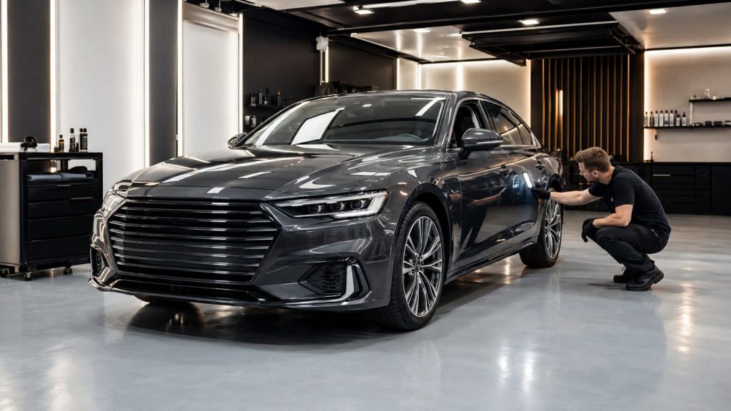 Dunkle Limousine wird vor der Leasingrückgabe in einer modernen Aufbereitungswerkstatt sorgfältig geprüft.