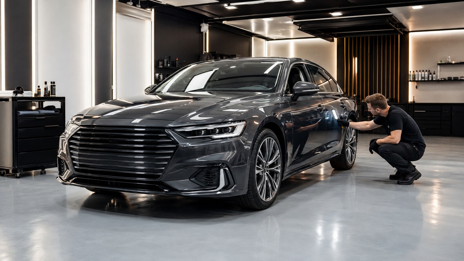 Dunkle Limousine wird vor der Leasingrückgabe in einer modernen Aufbereitungswerkstatt sorgfältig geprüft.