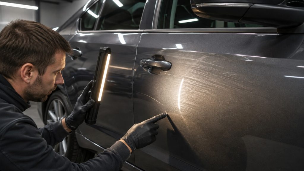 Detailer prüft den Lack einer grauen Limousine mit einer Inspektionsleuchte auf Kratzer und kleine Dellen.