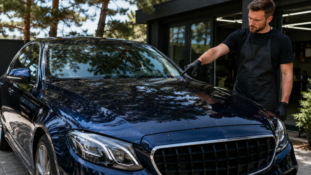 Dunkelblaues Auto mit kleinen Baumharzflecken auf Motorhaube und Dach vor einer professionellen Fahrzeugaufbereitung