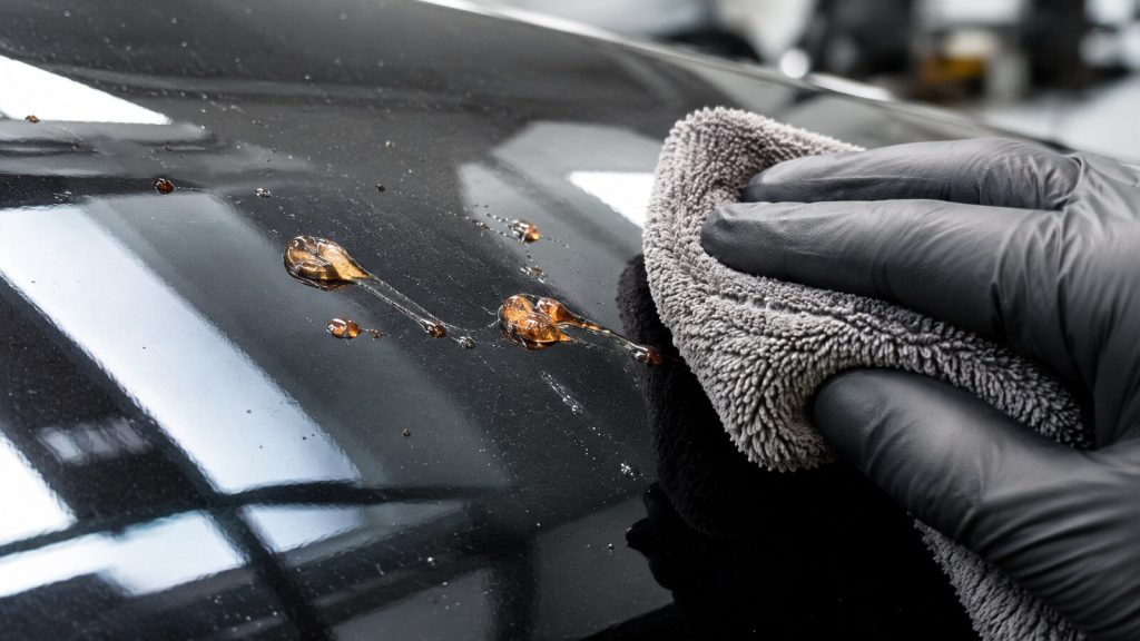 Frische Harztropfen auf schwarzem Autolack werden vorsichtig mit einem weichen Mikrofasertuch aufgenommen