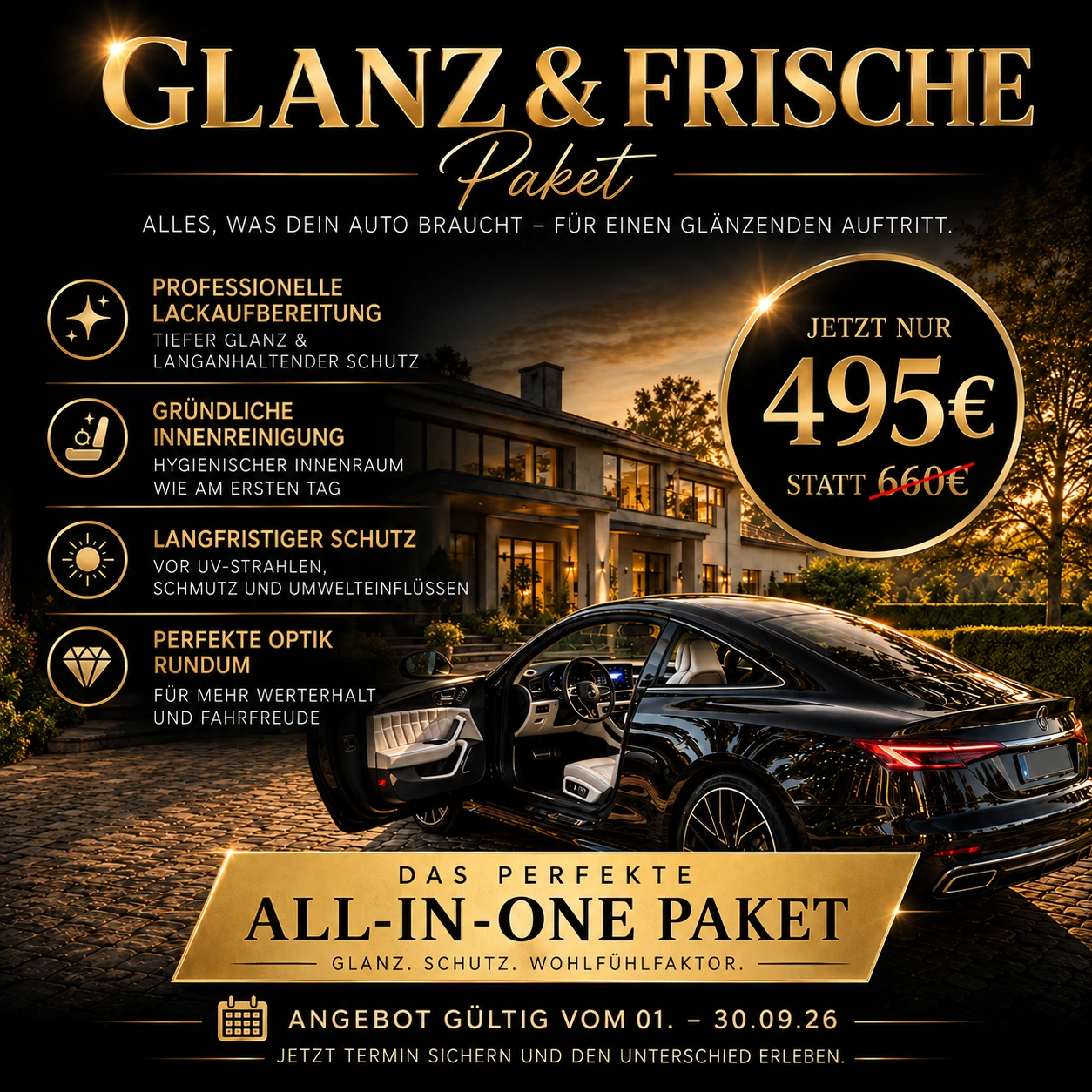 Fahrzeugaufbereitung bei Polierarena: Glanz & Frische All-in-One Paket mit professioneller Lackaufbereitung, Innenreinigung und Langzeitschutz für 495 Euro.