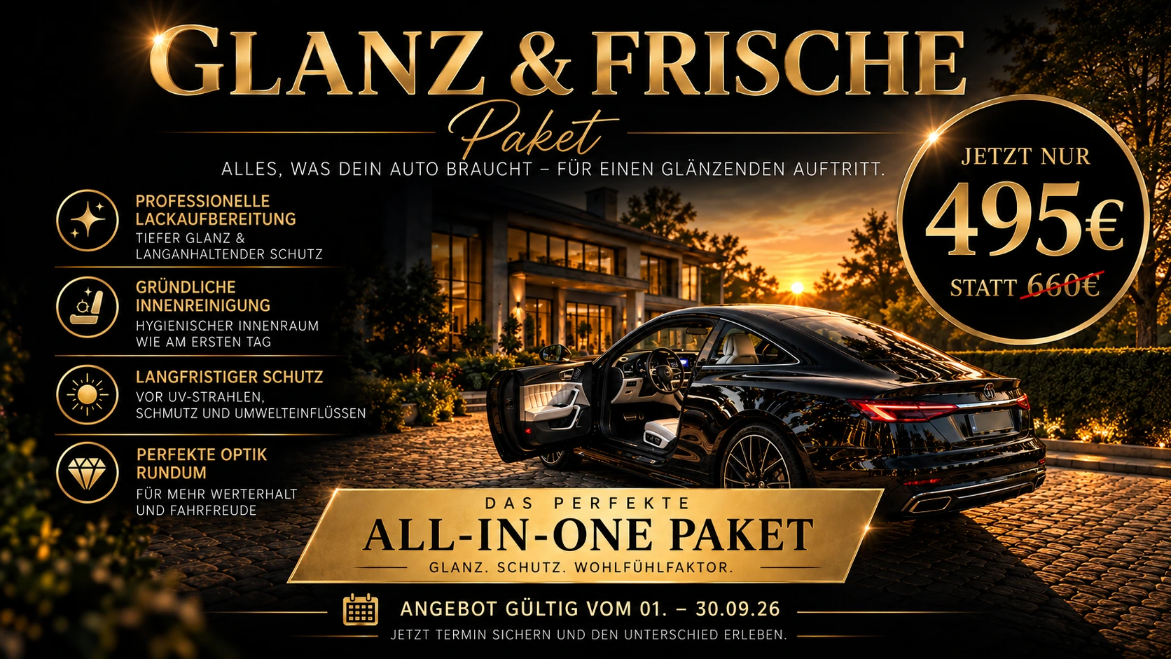 Fahrzeugaufbereitung bei Polierarena: Glanz & Frische All-in-One Paket mit professioneller Lackaufbereitung, Innenreinigung und Langzeitschutz für 495 Euro.