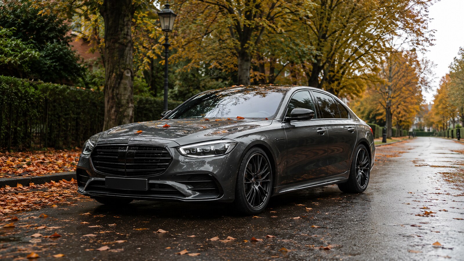 Gepflegte dunkle Limousine mit feuchtem Herbstlaub auf dem Lack in einer regennassen Allee