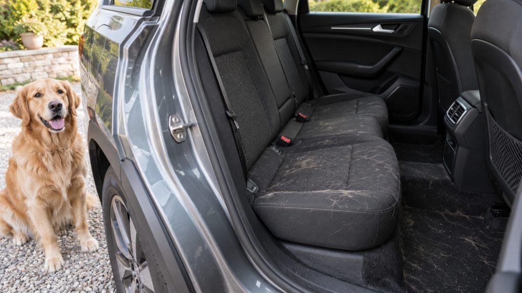 Hundehaare liegen sichtbar auf Rücksitz und Teppich eines Autos, während ein Hund neben der Tür wartet.
