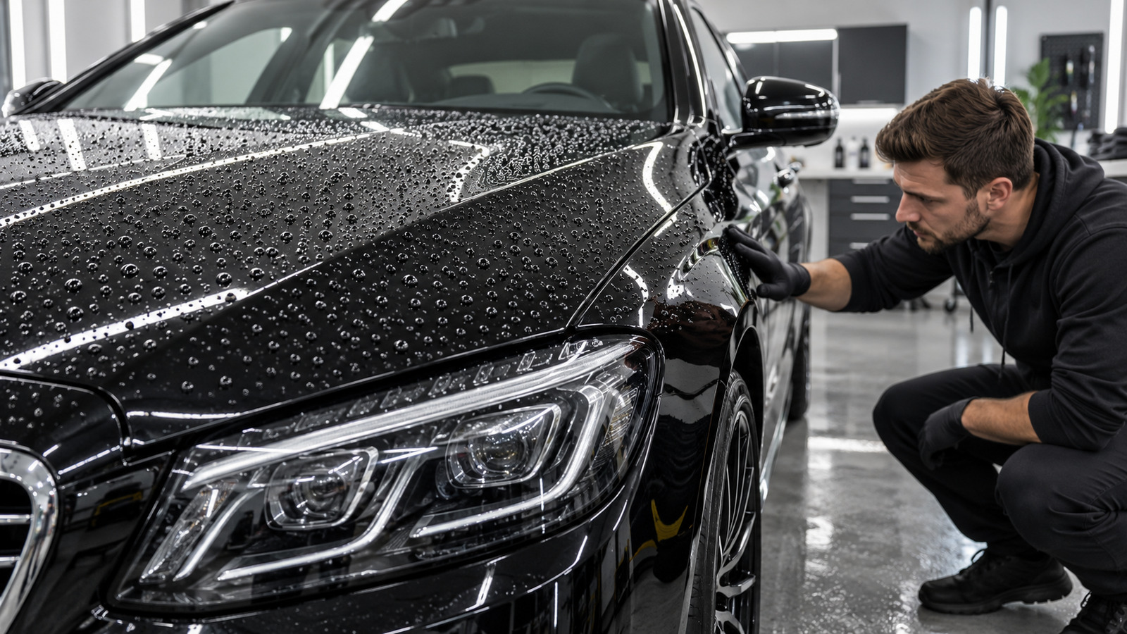 Runde Wasserperlen liegen auf einer glänzenden schwarzen Motorhaube mit Keramikversiegelung.