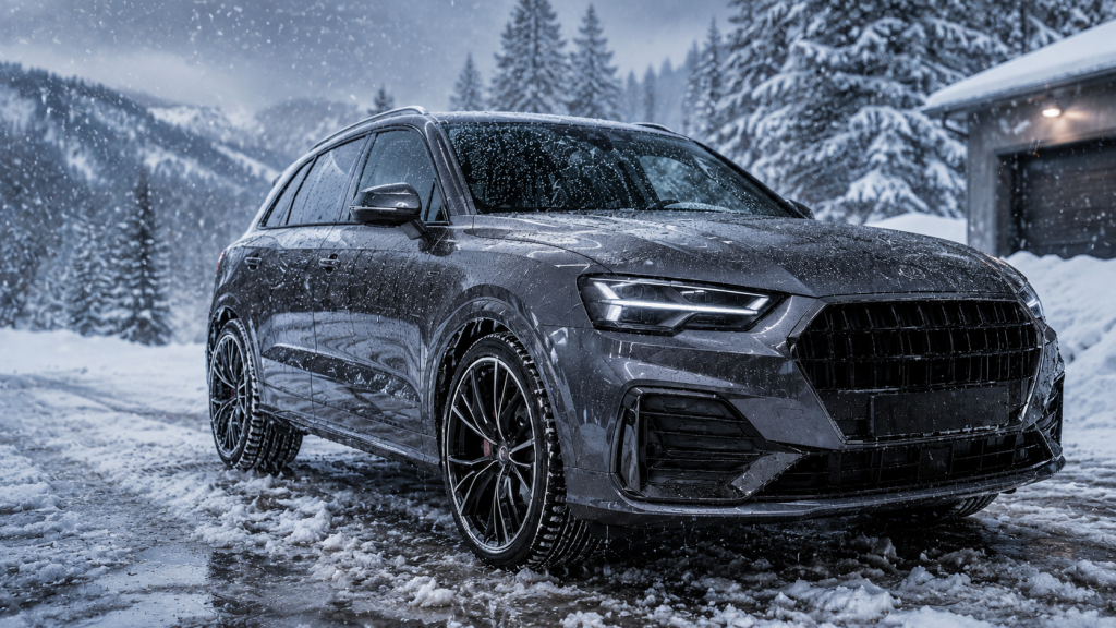 Dunkelgrauer SUV mit Keramikversiegelung in verschneiter Winterlandschaft – Wasser und Schnee perlen vom geschützten Lack ab.