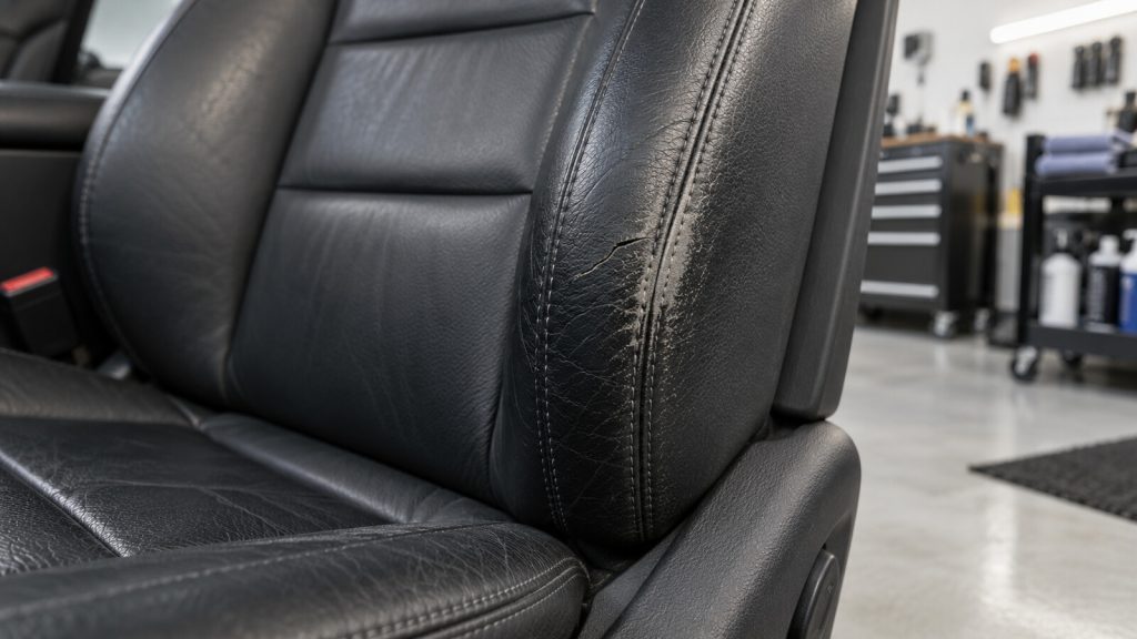 Riss und deutlicher Farbabrieb an der äußeren Sitzwange eines schwarzen Ledersitzes im Auto