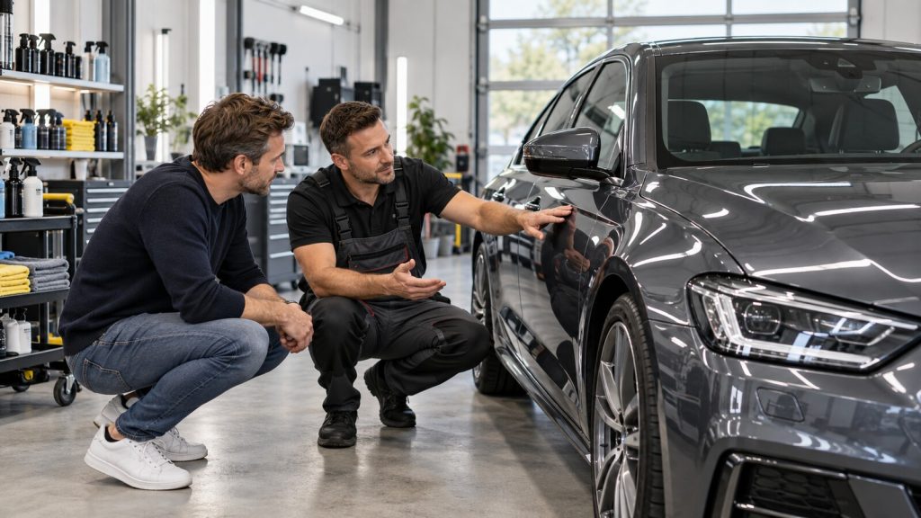 Professioneller Fahrzeugaufbereiter berät einen Kunden neben seinem Auto in einer sauberen Werkstatt