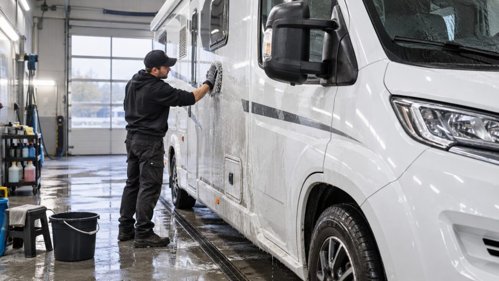 Fachkraft reinigt ein weißes Wohnmobil in der Waschhalle schonend mit einem weichen Waschhandschuh