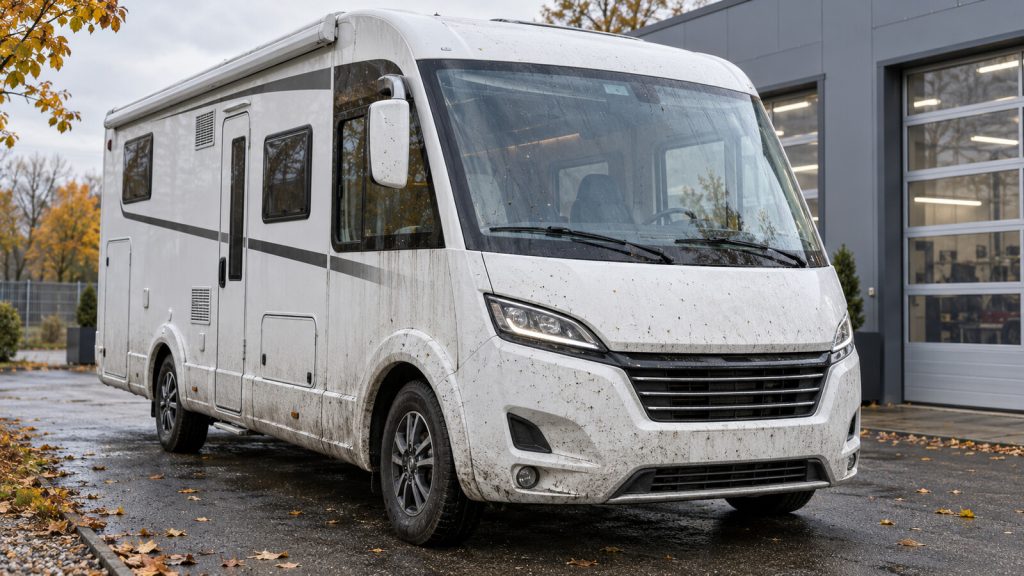 Verschmutztes weißes Wohnmobil mit Straßenfilm und Insektenresten vor der Reinigung für das Winterlager