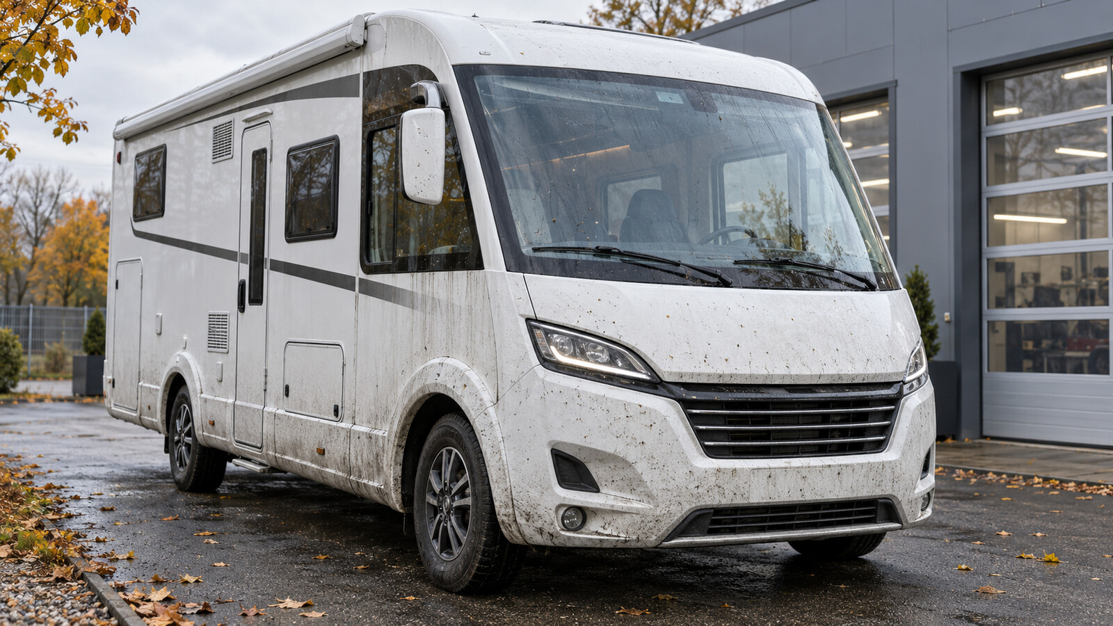 Verschmutztes weißes Wohnmobil mit Straßenfilm und Insektenresten vor der Reinigung für das Winterlager